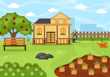 Farm Gardener Background Vector Illustration With A Landscape Of Gardens, Flowers, Vegetables Planted, Wheelbarrow, Shovel And Equipment in Flat Design Styleのイラスト素材
