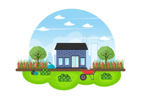 Farm Gardener Background Vector Illustration With A Landscape Of Gardens, Flowers, Vegetables Planted, Wheelbarrow, Shovel And Equipment in Flat Design Styleのイラスト素材