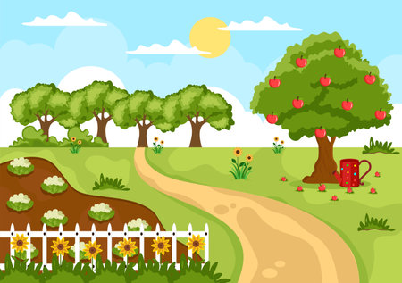 Farm Gardener Background Vector Illustration With A Landscape Of Gardens, Flowers, Vegetables Planted, Wheelbarrow, Shovel And Equipment in Flat Design Styleのイラスト素材