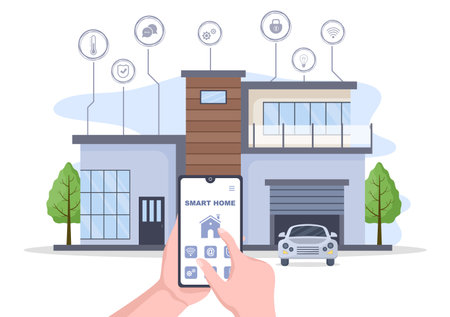 Smart Home Technology House Control System Of Lighting, Heating, Ventilation and Security with a Modern Concept. Background Vector Illustrationのイラスト素材