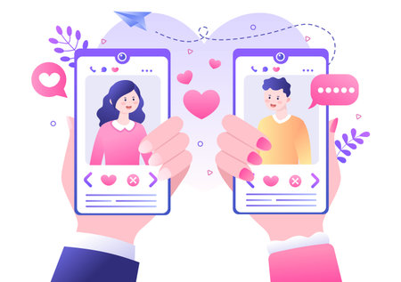 Dating App For a Couple With Male and Female in Smartphone If Match Become Love or Relationships. Background Flat Design Vector Illustrationのイラスト素材
