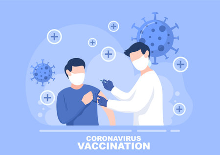 Coronavirus Vaccination With Syringe Injection Tool And Medicine, Doctors To Help Provide Covid 19 Vaccines For Self-Protection or Maintaining Health. Vector Illustrationのイラスト素材