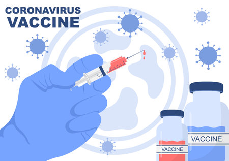 Coronavirus Vaccination With Syringe Injection Tool And Medicine, Doctors To Help Provide Covid 19 Vaccines For Self-Protection or Maintaining Health. Vector Illustrationのイラスト素材