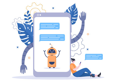 Robot Virtual Assistance or Chatbot Background Vector illustration. People smartphone conversation with Online technical support and Messagingのイラスト素材