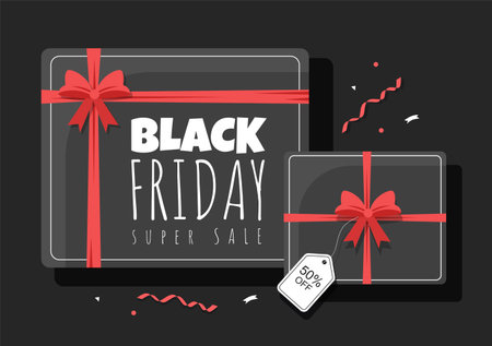 Black Friday Give Big Discount Sale For All Products with Gift Box, Ribbon, Balloon For Poster, Banner, Promotion or Background Vector Illustrationのイラスト素材