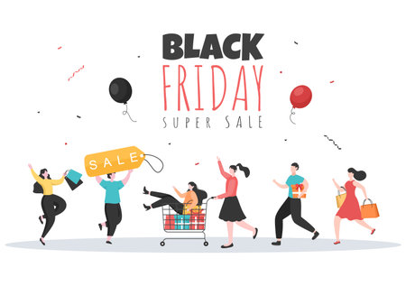 Black Friday Give Big Discount Sale For All Products with Gift Box, Ribbon, Balloon For Poster, Banner, Promotion or Background Vector Illustrationのイラスト素材