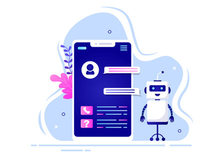 Robot Virtual Assistance or Chatbot Background Vector illustration. People smartphone conversation with Online technical support and Messagingのイラスト素材