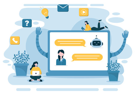 Robot Virtual Assistance or Chatbot Background Vector illustration. People smartphone conversation with Online technical support and Messagingのイラスト素材