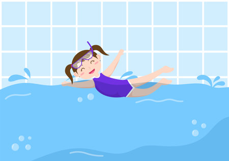 Cute Little Kids Swimming Background Vector Illustration in flat cartoon style. people dressed in swimwear, swim in summer and performing water activitiesのイラスト素材