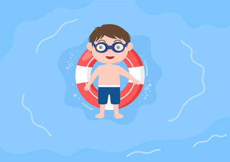 Cute Little Kids Swimming Background Vector Illustration in flat cartoon style. people dressed in swimwear, swim in summer and performing water activitiesのイラスト素材