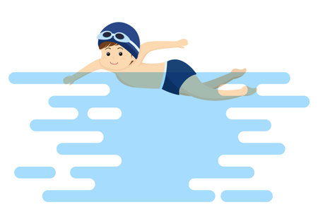 Cute Little Kids Swimming Background Vector Illustration in flat cartoon style. people dressed in swimwear, swim in summer and performing water activitiesのイラスト素材