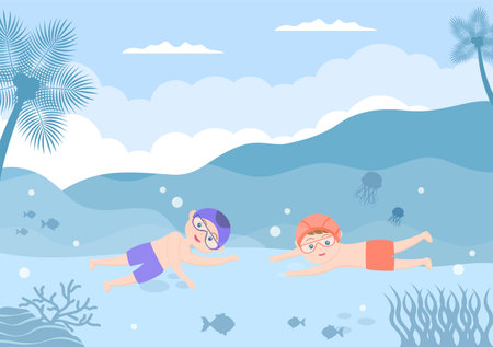 Cute Little Kids Swimming Background Vector Illustration in flat cartoon style. people dressed in swimwear, swim in summer and performing water activitiesのイラスト素材