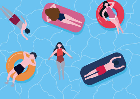 Swimming Background Vector Illustration in flat cartoon style. people dressed in swimwear, swim in summer and performing water activitiesのイラスト素材