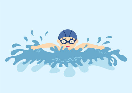 Cute Little Kids Swimming Background Vector Illustration in flat cartoon style. people dressed in swimwear, swim in summer and performing water activitiesのイラスト素材