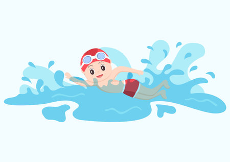 Cute Little Kids Swimming Background Vector Illustration in flat cartoon style. people dressed in swimwear, swim in summer and performing water activitiesのイラスト素材