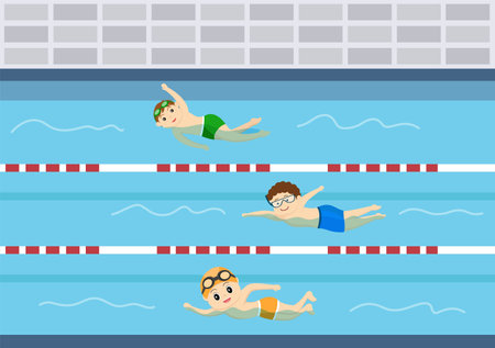 Cute Little Kids Swimming Background Vector Illustration in flat cartoon style. people dressed in swimwear, swim in summer and performing water activitiesのイラスト素材