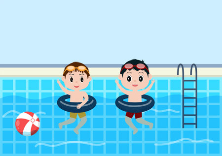 Cute Little Kids Swimming Background Vector Illustration in flat cartoon style. people dressed in swimwear, swim in summer and performing water activitiesのイラスト素材