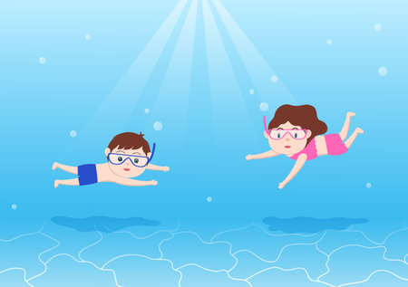 Cute Little Kids Swimming Background Vector Illustration in flat cartoon style. people dressed in swimwear, swim in summer and performing water activitiesのイラスト素材