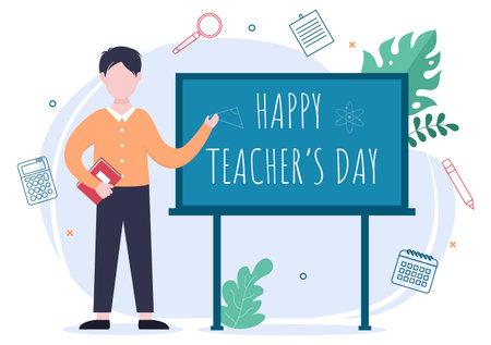 Happy Teacher's Day Background Vector Illustration with Educational Style, Online Coaching to Student for Poster, Brochure, or Banner Templateのイラスト素材