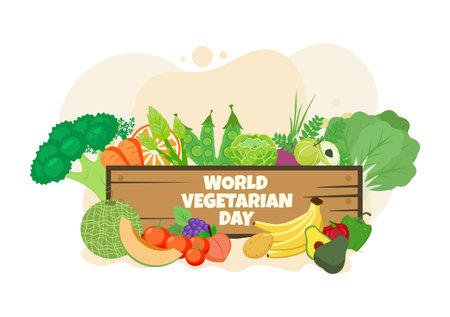 World Vegetarian Day Cute Cartoon Vector Illustration of Various Types of Vegetables or Fruits Such as Broccoli, Carrots, Tomatoes and Others for Maintain Healthのイラスト素材