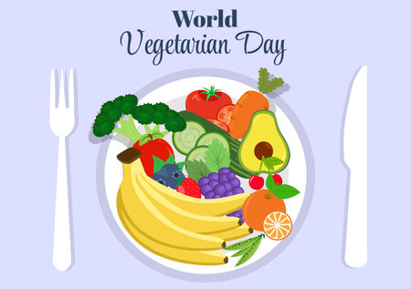 World Vegetarian Day Cute Cartoon Vector Illustration of Various Types of Vegetables or Fruits Such as Broccoli, Carrots, Tomatoes and Others for Maintain Healthのイラスト素材