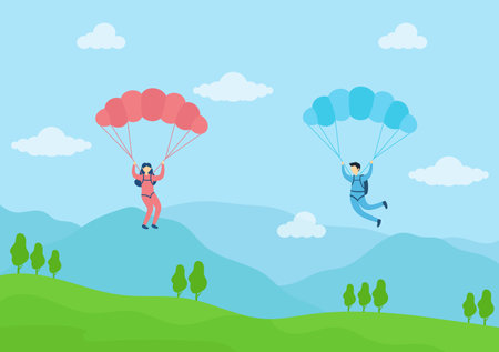 Skydive is a Type Sport of Outdoor Activity Recreation Using Parachute and High Jump in Sky Air. Cute Cartoon Background Vector Illustrationのイラスト素材