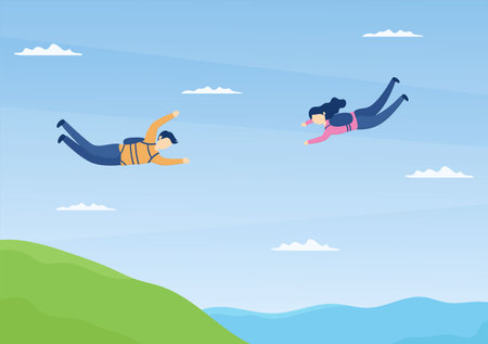 Skydive is a Type Sport of Outdoor Activity Recreation Using Parachute and High Jump in Sky Air. Cute Cartoon Background Vector Illustrationのイラスト素材