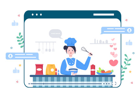 Food Cooking Blogger Background Create Content Creator About Making Good Food in the Kitchen at Home Flat Design Vector Illustrationのイラスト素材