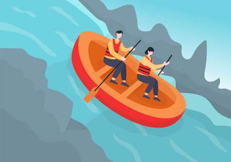Rafting Background Flat Cartoon Vector Illustration With People do Activity Water Sports in the Middle of the Lake, Canoeing, Sitting in Boat and Holding Paddlesのイラスト素材