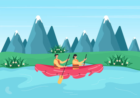Rafting Background Flat Cartoon Vector Illustration With People do Activity Water Sports in the Middle of the Lake, Canoeing, Sitting in Boat and Holding Paddlesのイラスト素材