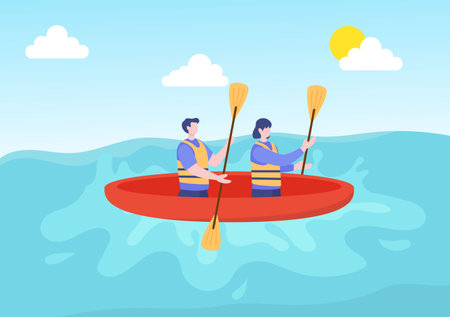 Rafting Background Flat Cartoon Vector Illustration With People do Activity Water Sports in the Middle of the Lake, Canoeing, Sitting in Boat and Holding Paddlesのイラスト素材