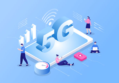 5G Network Wireless Technology Smartphone with Transmitter Tower Set Up High-Speed Mobile Internet...