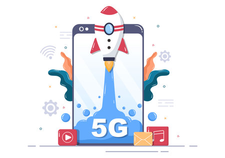 5G Network Wireless Technology Smartphone with Transmitter Tower Set Up High-Speed Mobile Internet...