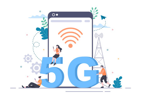 5G Network Wireless Technology Smartphone with Transmitter Tower Set Up High-Speed Mobile Internet for Communication and Gadgets. Background Vector Illustrationのイラスト素材
