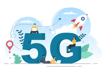 5G Network Wireless Technology Smartphone with Transmitter Tower Set Up High-Speed Mobile Internet for Communication and Gadgets. Background Vector Illustrationのイラスト素材