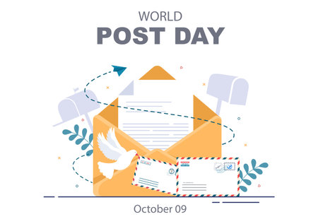 World Post Day Background Which is Celebrated on October 9 with Mail Box, Map, Bird or Letter for Greeting, Poster, Profile Photo. Vector Illustrationのイラスト素材
