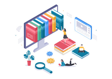 Online Library Digital Education Background with Distance Learning, Recorded Classes, Video Tutorial to Gain Knowledge. Flat Design Vector Illustrationのイラスト素材