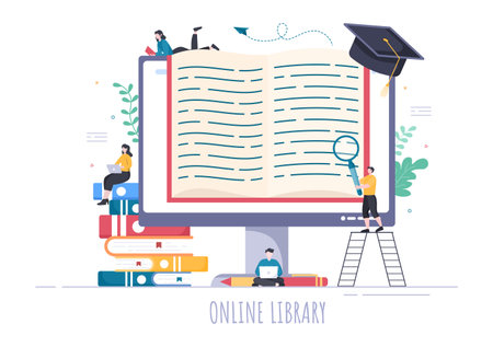 Online Library Digital Education Background with Distance Learning, Recorded Classes, Video Tutorial to Gain Knowledge. Flat Design Vector Illustrationのイラスト素材