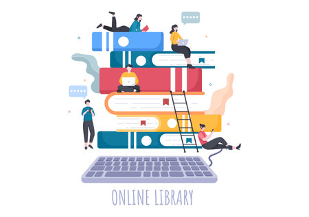 Online Library Digital Education Background with Distance Learning, Recorded Classes, Video Tutorial to Gain Knowledge. Flat Design Vector Illustrationのイラスト素材