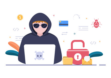 Hacker Using Computer Server to Activity Hacked Database, Network Storage, Social Account, Credit Card or Security. Background Vector Illustrationのイラスト素材