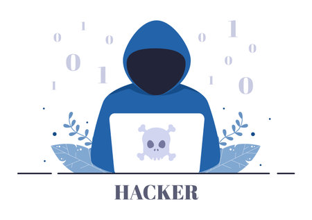 Hacker Using Computer Server to Activity Hacked Database, Network Storage, Social Account, Credit Card or Security. Background Vector Illustrationのイラスト素材