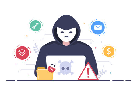 Hacker Using Computer Server to Activity Hacked Database, Network Storage, Social Account, Credit Card or Security. Background Vector Illustrationのイラスト素材