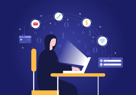Hacker Using Computer Server to Activity Hacked Database, Network Storage, Social Account, Credit Card or Security. Background Vector Illustrationのイラスト素材