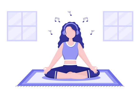 Relax or Yoga With Crossed Legs, Closed Eyes Meditating and Listening To Music at Home in Flat Cartoon Vector Illustrationのイラスト素材