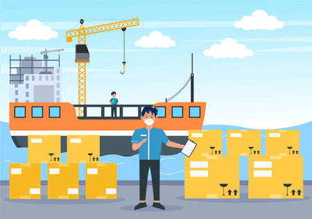 Cargo Shipping Container Logistics Delivery with the Concept of Delivering Goods Using Crane Ship, Truck or Plane Transportation. Background Vector Illustrationのイラスト素材