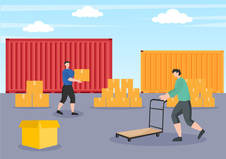 Cargo Shipping Container Logistics Delivery with the Concept of Delivering Goods Using Crane Ship, Truck or Plane Transportation. Background Vector Illustrationのイラスト素材