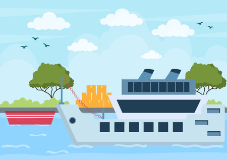 Cargo Shipping Container Logistics Delivery with the Concept of Delivering Goods Using Crane Ship, Truck or Plane Transportation. Background Vector Illustrationのイラスト素材