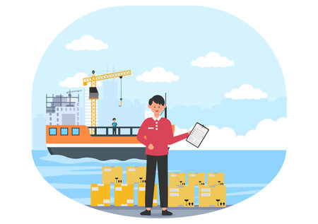 Cargo Shipping Container Logistics Delivery with the Concept of Delivering Goods Using Crane Ship, Truck or Plane Transportation. Background Vector Illustrationのイラスト素材