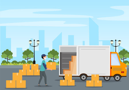 Cargo Shipping Container Logistics Delivery with the Concept of Delivering Goods Using Crane Ship, Truck or Plane Transportation. Background Vector Illustrationのイラスト素材