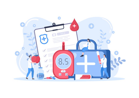Diabetes Testing with Blood Glucose Meter, Exam Results, Tubes, Syringe to Medical Healthcare and Treatment For Poster Background Vector Illustrationのイラスト素材